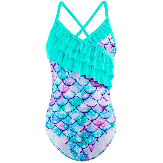 Bikini Cut One Piece Swimsuit for Girls 3D Scale Mermaid Princess Tiered Flounces Panel Summer Cross Strap Backless Swimwear