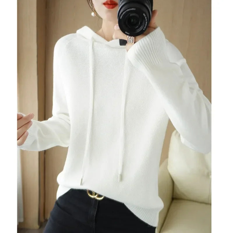Hooded Sweater Woman Autumn Winter Long Sleeve Warm Bottoming Shirt Solid Casual Pullovers Knit Tops Korean Fashion Jumper 2025