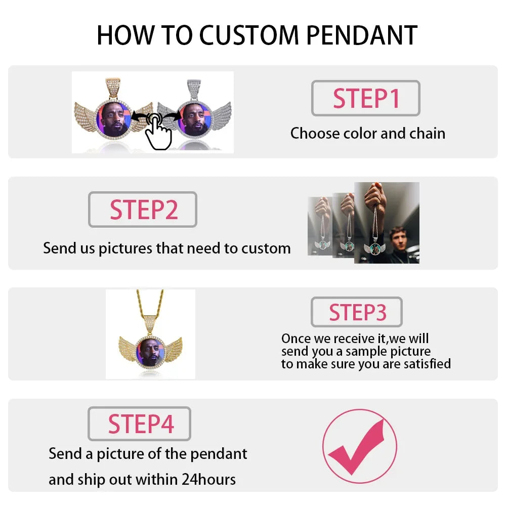 D Z New Custom Photo Pendant Big Size Solid Back 4 Millimeter Width Stones Side Hip Hop Jewelry Personalized Cubic Zircon Chains Gift