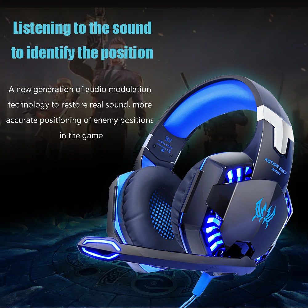 Kotion Each G2000 Gaming Headset Deep Bass Stereo Headphone with Microphone LED Light Soft Memory Earmuffs for PC Laptop