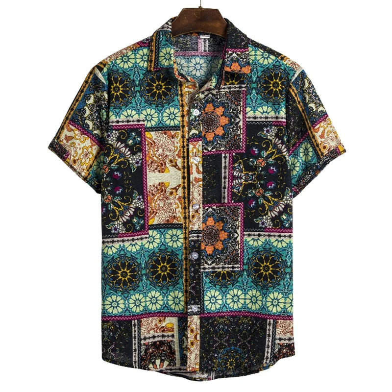 Men's Cotton Polyester Summer Short Sleeve Shirt Boho Geometric Pattern Hawaiian Beach Male Shirts Casual Blouse For Men