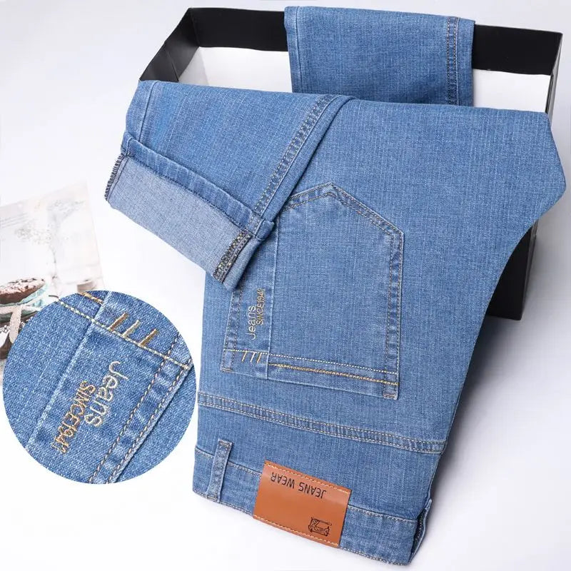 Summer Thin Men's Elastic Cotton Jeans Comfortable Business Casual Pants Fashion Blue Trousers