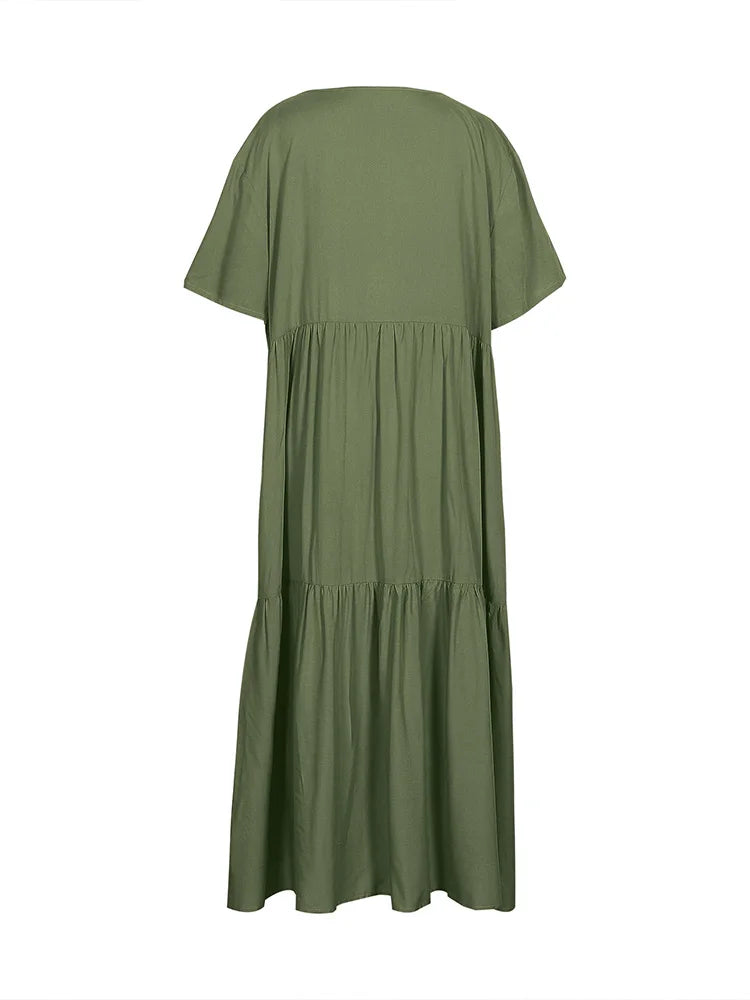 Plus Size Women's Casual Loose Ankle Length Dress V Neck Polyester