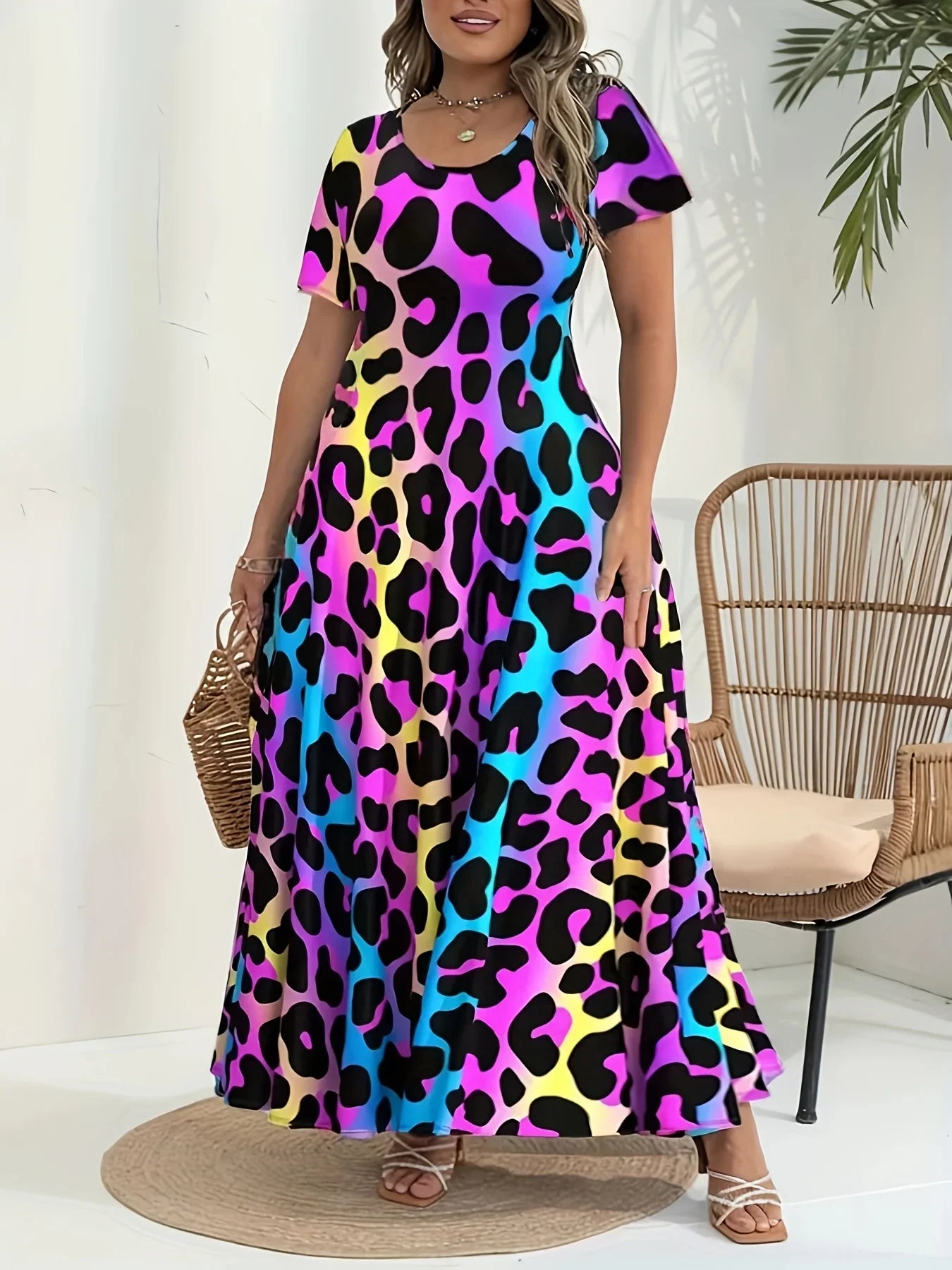 Plus Size Summer Maxi Dress for Women 1XL to 5XL Casual Denim Plaid Dress with Round Neck and Short Sleeves Flared Hem
