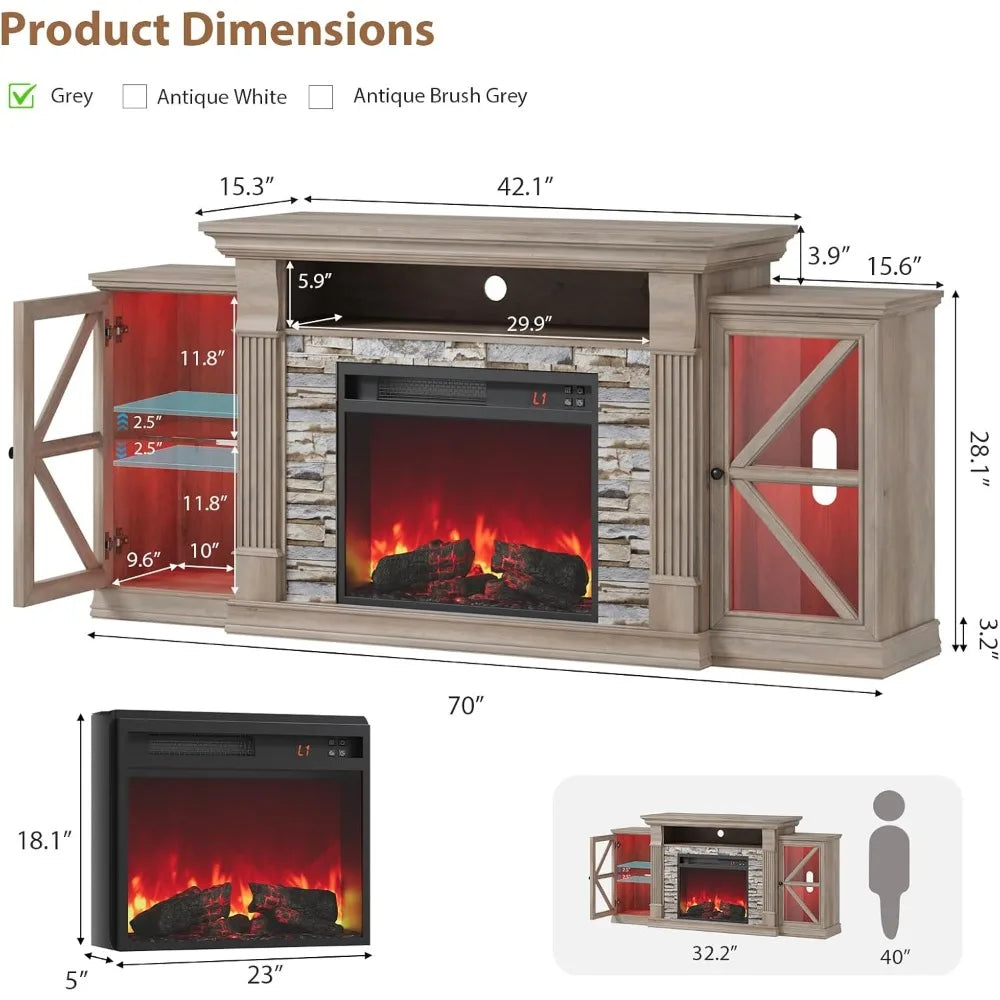 HUANZHUANG Electric Fireplace TV Stand With Glass Doors