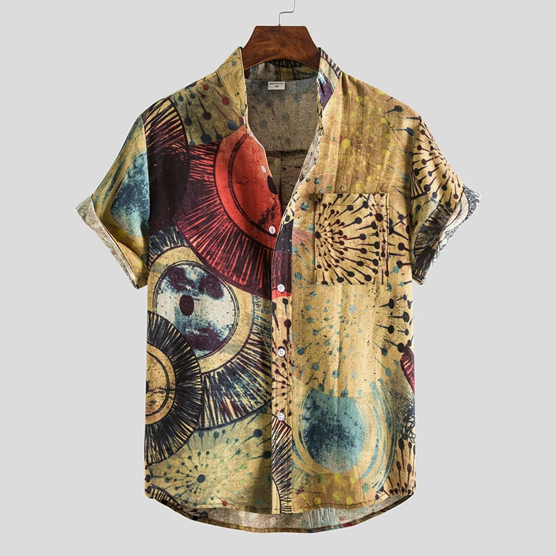 Men's Cotton Polyester Summer Short Sleeve Shirt Boho Geometric Pattern Hawaiian Beach Male Shirts Casual Blouse For Men