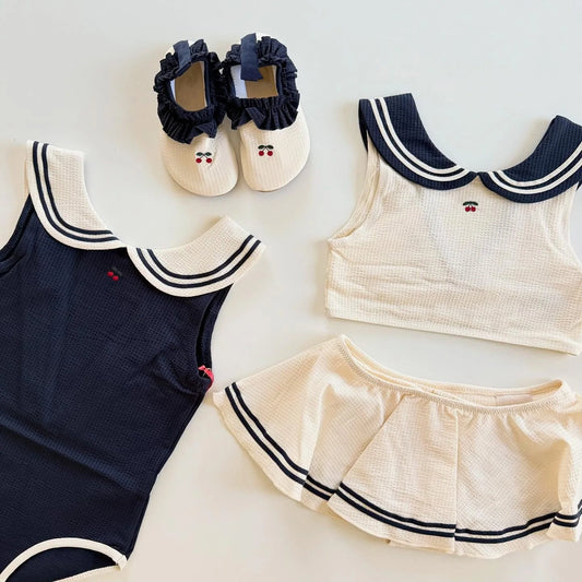Baby Swimwear White Blue One Two Piece Sunscreen Girls Swimsuit Kids Bikinis Summer Vacation