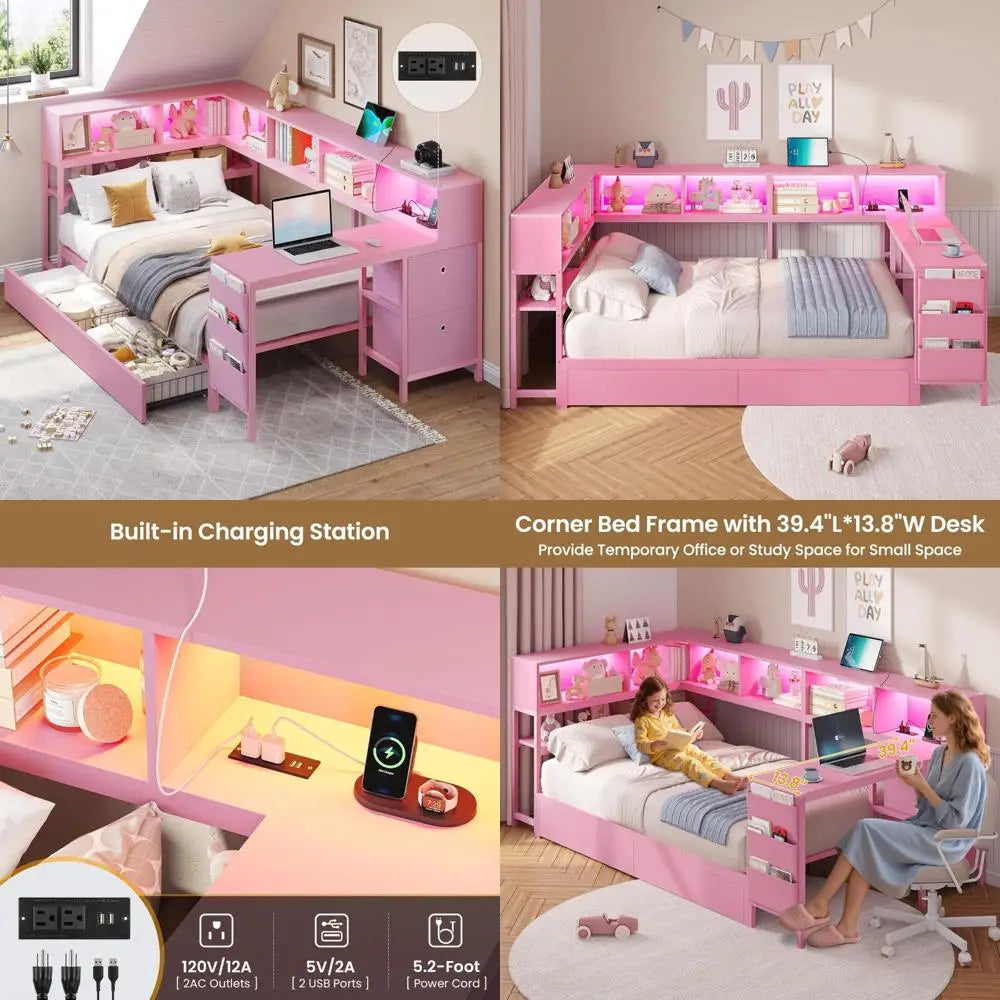 Color Corner Bed Frame With Desk Charging Station Lights
