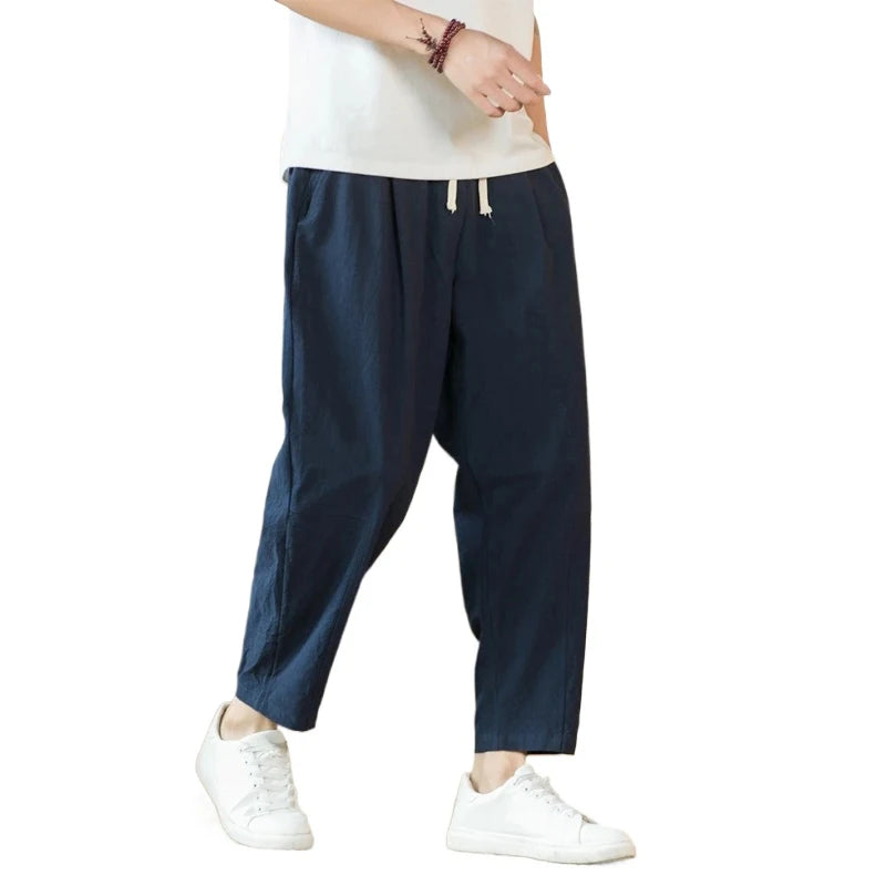 New Cotton Linen Men's Casual Solid Color Breathable Streetwear Loose Straight Drawstring Baggy Lightweight Sport Pants