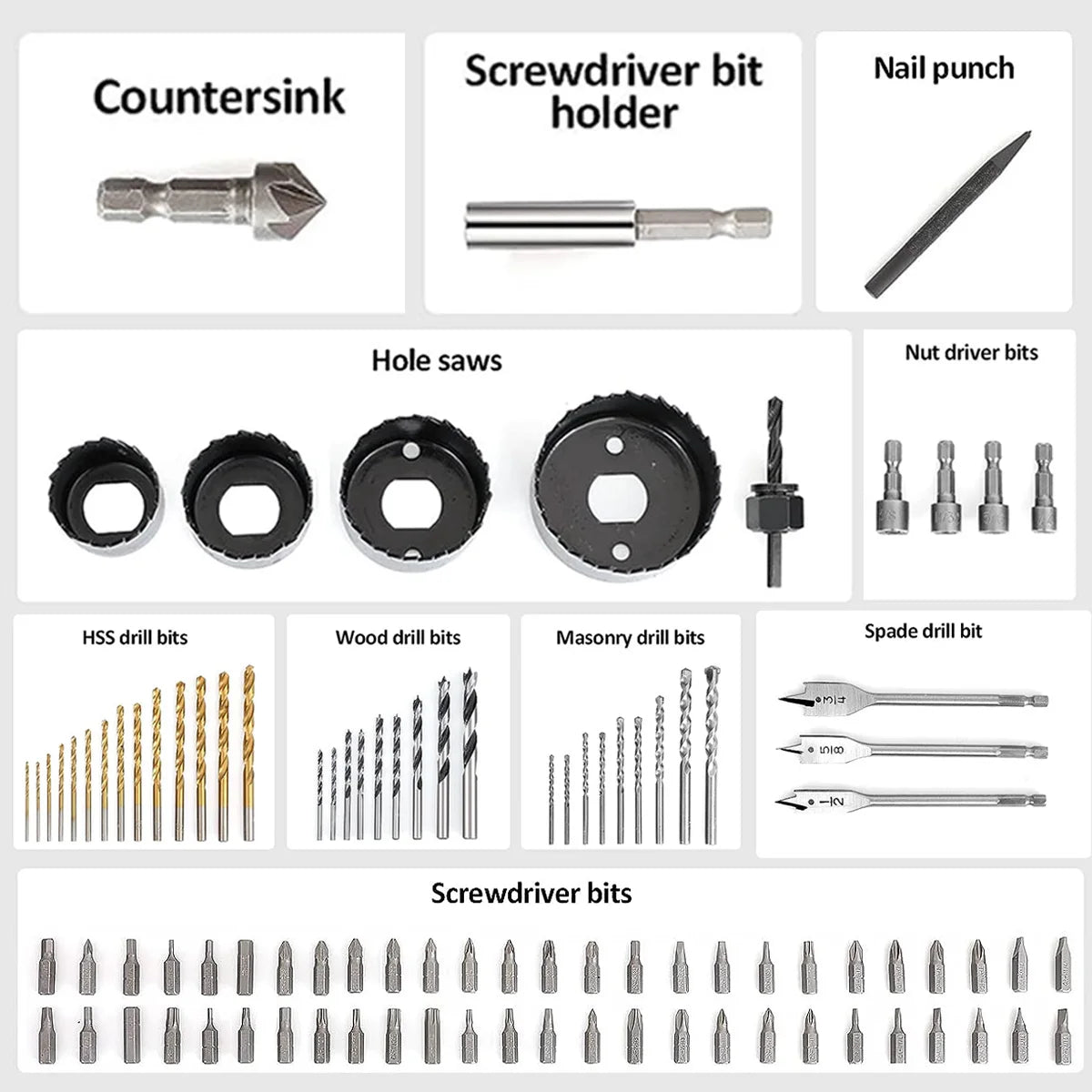 100 Pieces Drill Bit Set for Impact Driver and Screwdriver High Speed Steel Twist Drill Bits for Metal Wood Masonry and Plastic