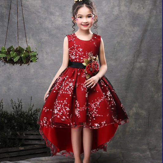 Baby Girls Flower Princess Dress Mid-Calf Length Cotton Polyester Voile Tribute Silk Mesh Age 7-12 Years