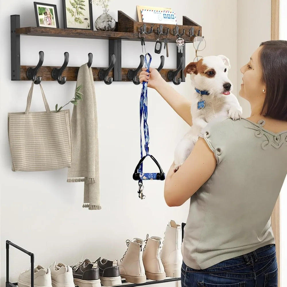 29" Wall Mounted Coat Rack with Shelf, 4-in-1 Entryway Organizer with 11 Metal Hooks and Mail Holder, Rustic Brown