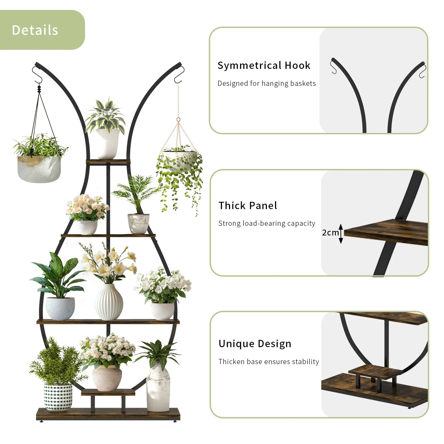 Vase Shape Tall Planter Display Rack Metal Garden Plant Stand with Five Tiers and Hangers