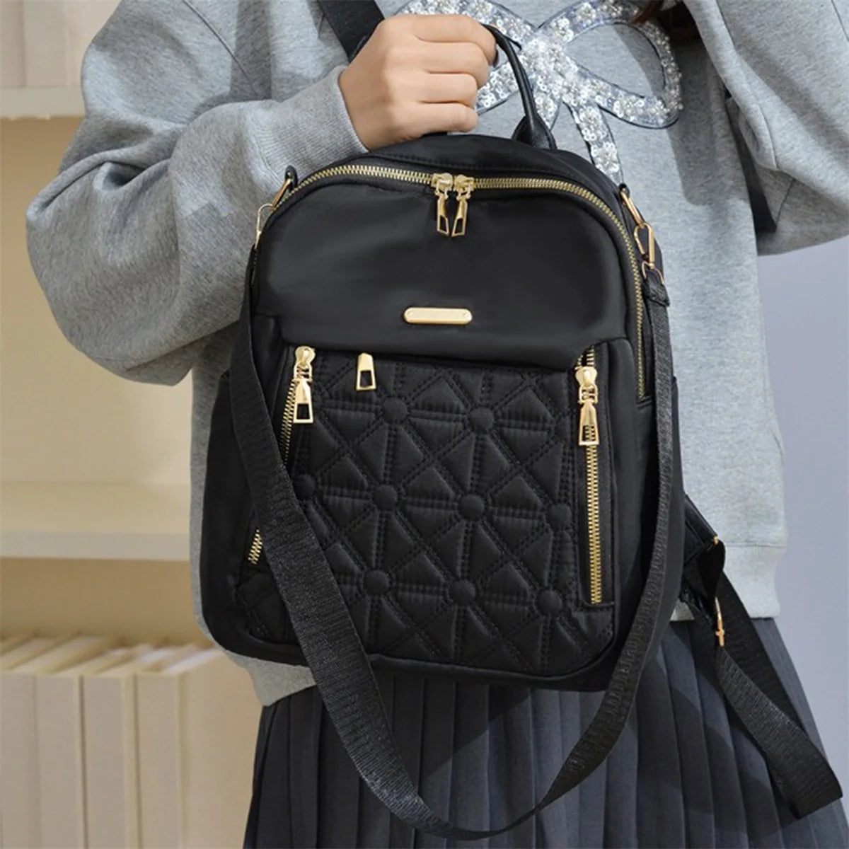 Fashionable Women s Backpack with Built-in Headphone Port Durable Nylon Anti-theft Daypack Lightweight Crossbody Bag