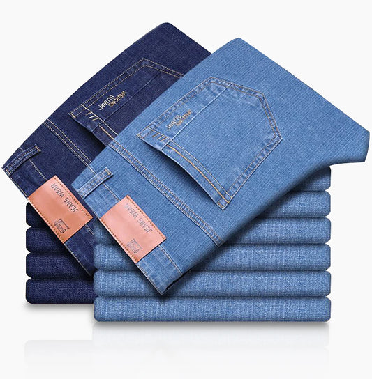 Summer Thin Men's Elastic Cotton Jeans Comfortable Business Casual Pants Fashion Blue Trousers