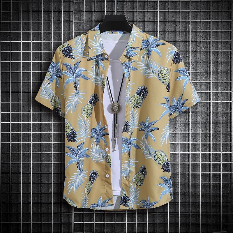 Men's Summer Short Sleeve Printed Beach Shirt Thin Turtle Neck Polo Casual Top