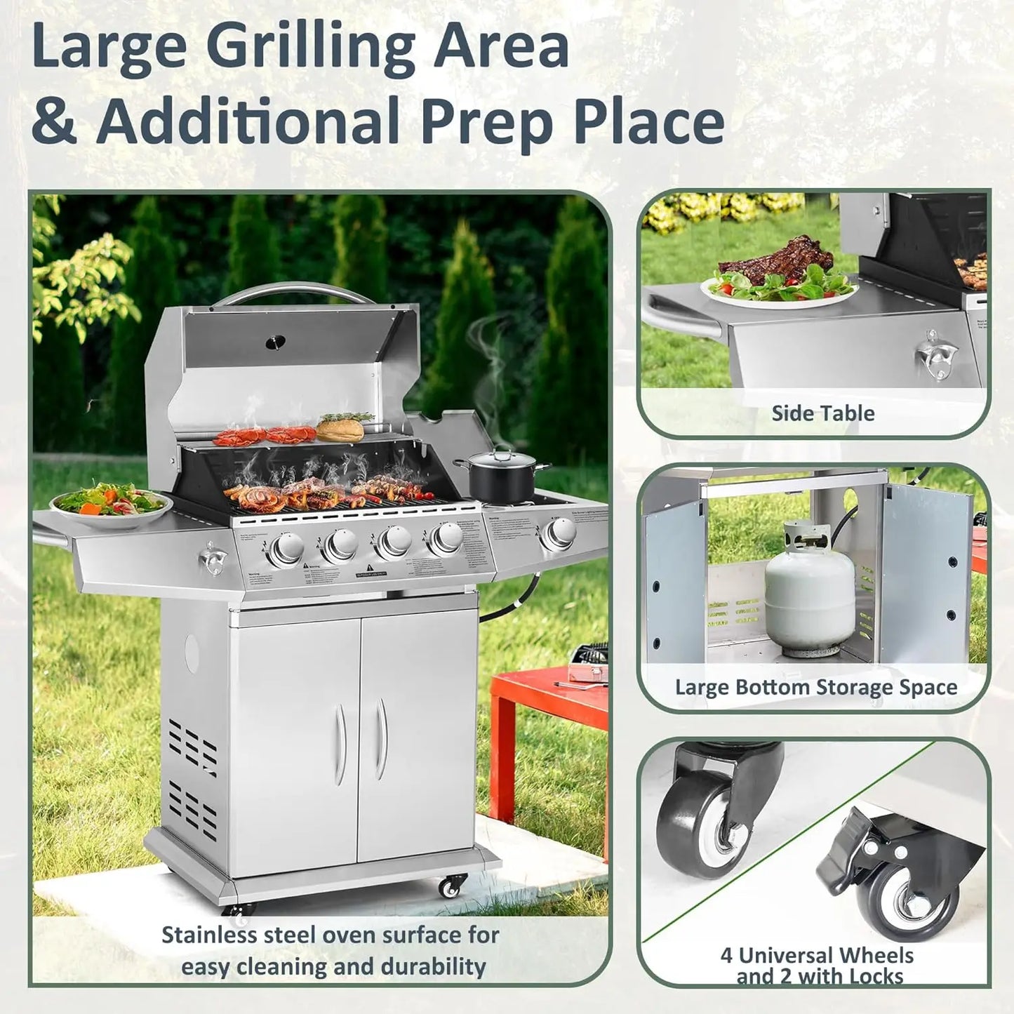 Propane Gas Grill 4 Burners with Side Burner Stainless Steel Grill Cart with Wheels for Outdoor Patio Garden Backyard Cooking