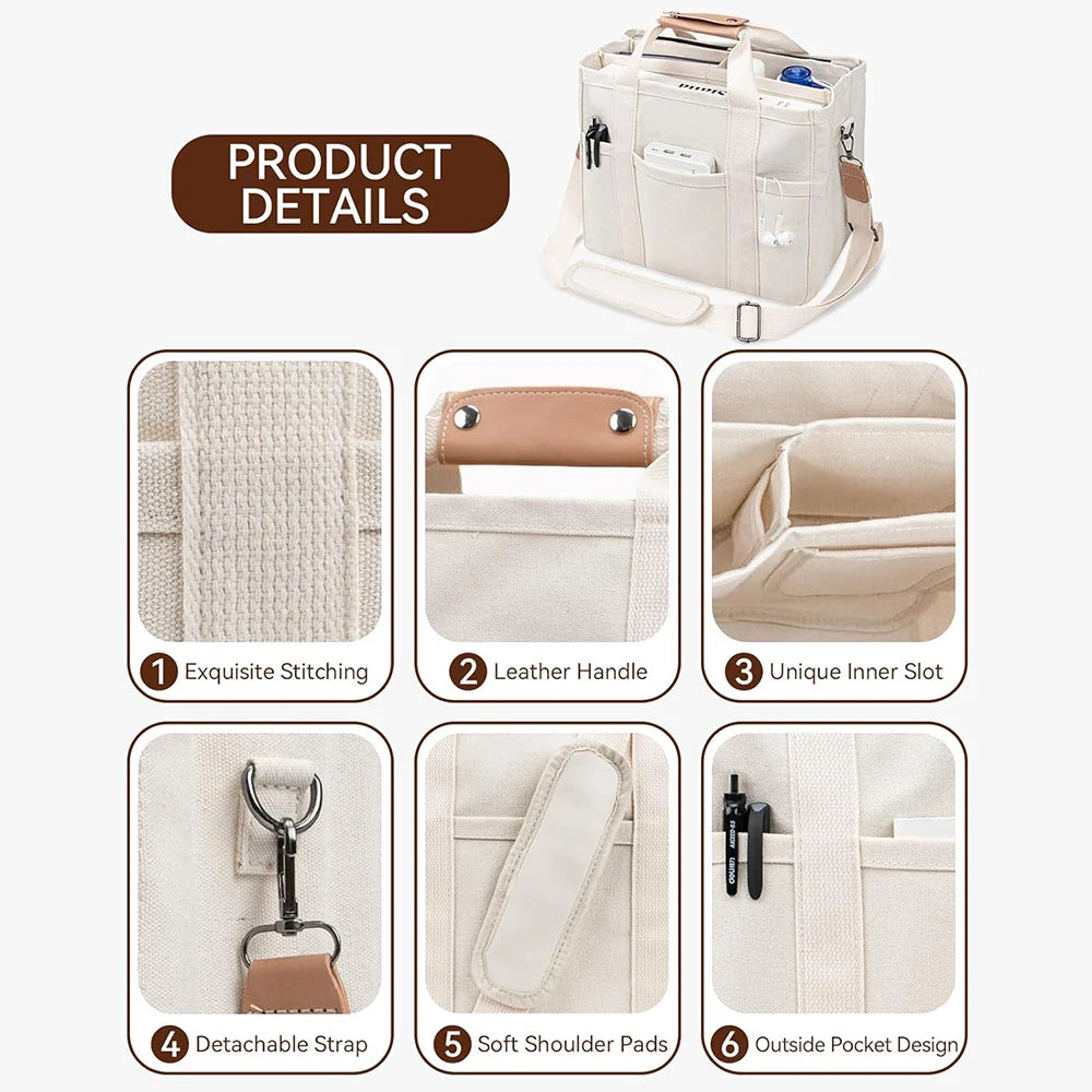 Women’s Canvas Tote Bag with Multiple Pockets, Large Capacity Shoulder Messenger Bag, Stylish, Durable & Versatile for Daily