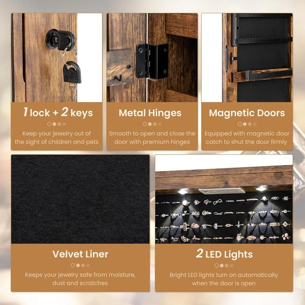2 LEDs Full Length Mirror Jewelry Armoire with Storage and Mounting Options 47.5 Inch Jewelry Cabinet