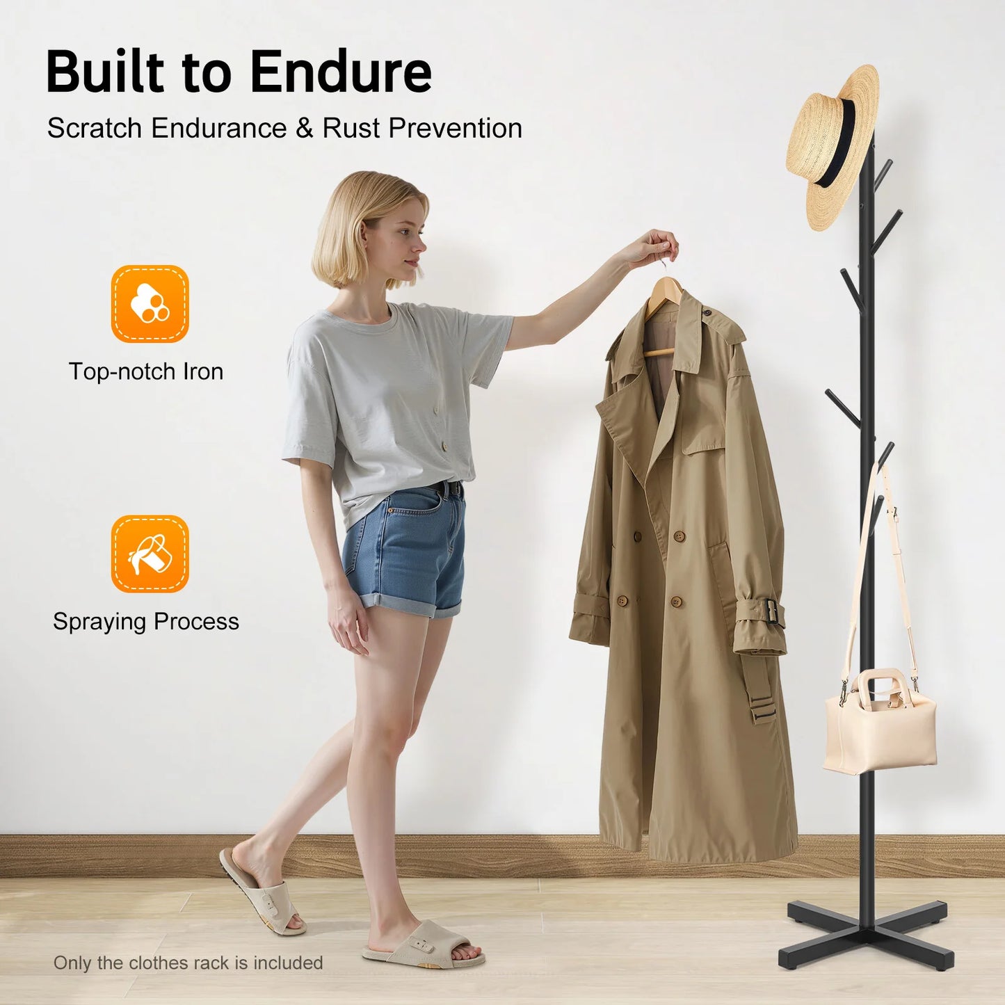 Black Metal Coat Rack Tree-Shaped Vertical 7 Hook Floor Standing Hanger Storage Rack Clothes Hat Scarf Holder for Entrance Foyer