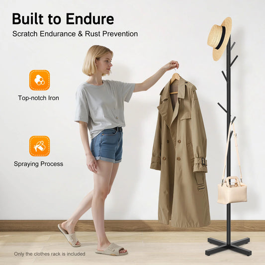 Black Metal Coat Rack Tree-Shaped Vertical 7 Hook Floor Standing Hanger Storage Rack Clothes Hat Scarf Holder for Entrance Foyer