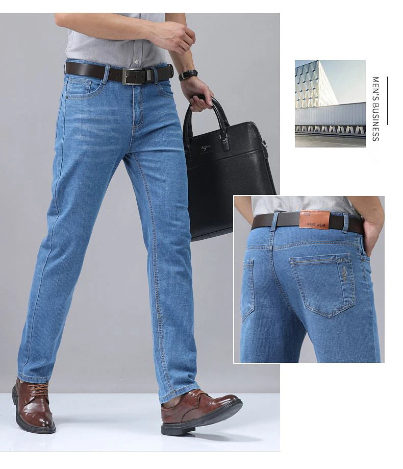 Summer Thin Men's Elastic Cotton Jeans Comfortable Business Casual Pants Fashion Blue Trousers