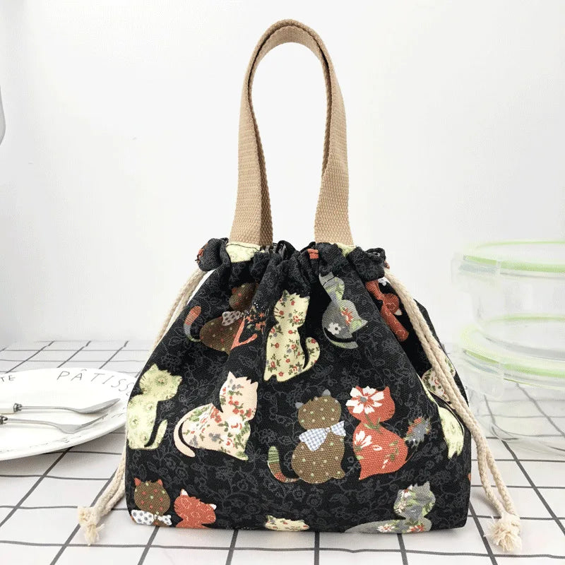 Japanese Cute Bento Bag Tote Canvas Lunch Bag Cartoon Anime Drawstring Bag Foldable for Two Lunch Boxes