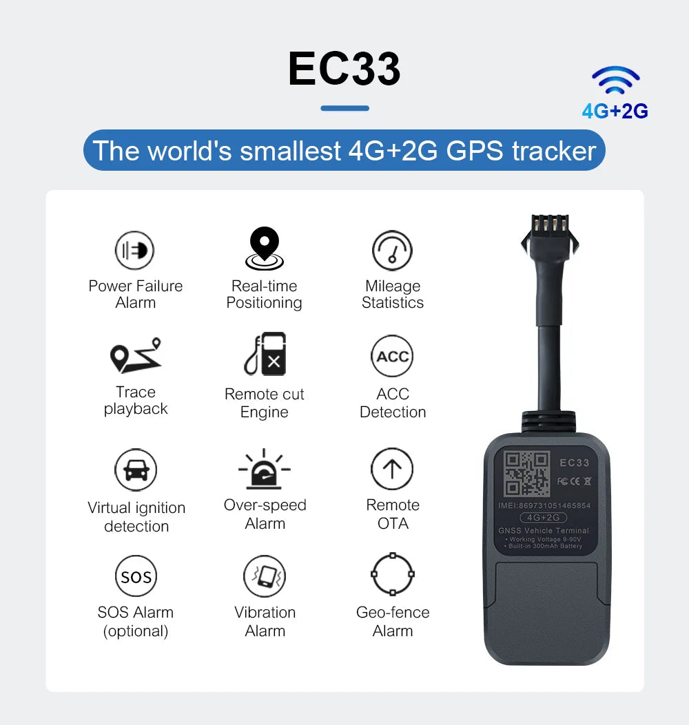 2pcs EC33 4G GPS Tracker with 300mAh Battery Tracker King Smallest Relay GPS Tracker with Alarm