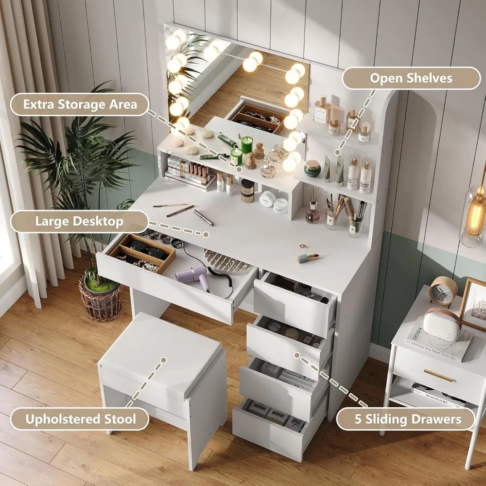 37 Inch White Vanity Desk with Lights and Adjustable Brightness Vanity Mirror Set with 5 Drawers for Bedroom