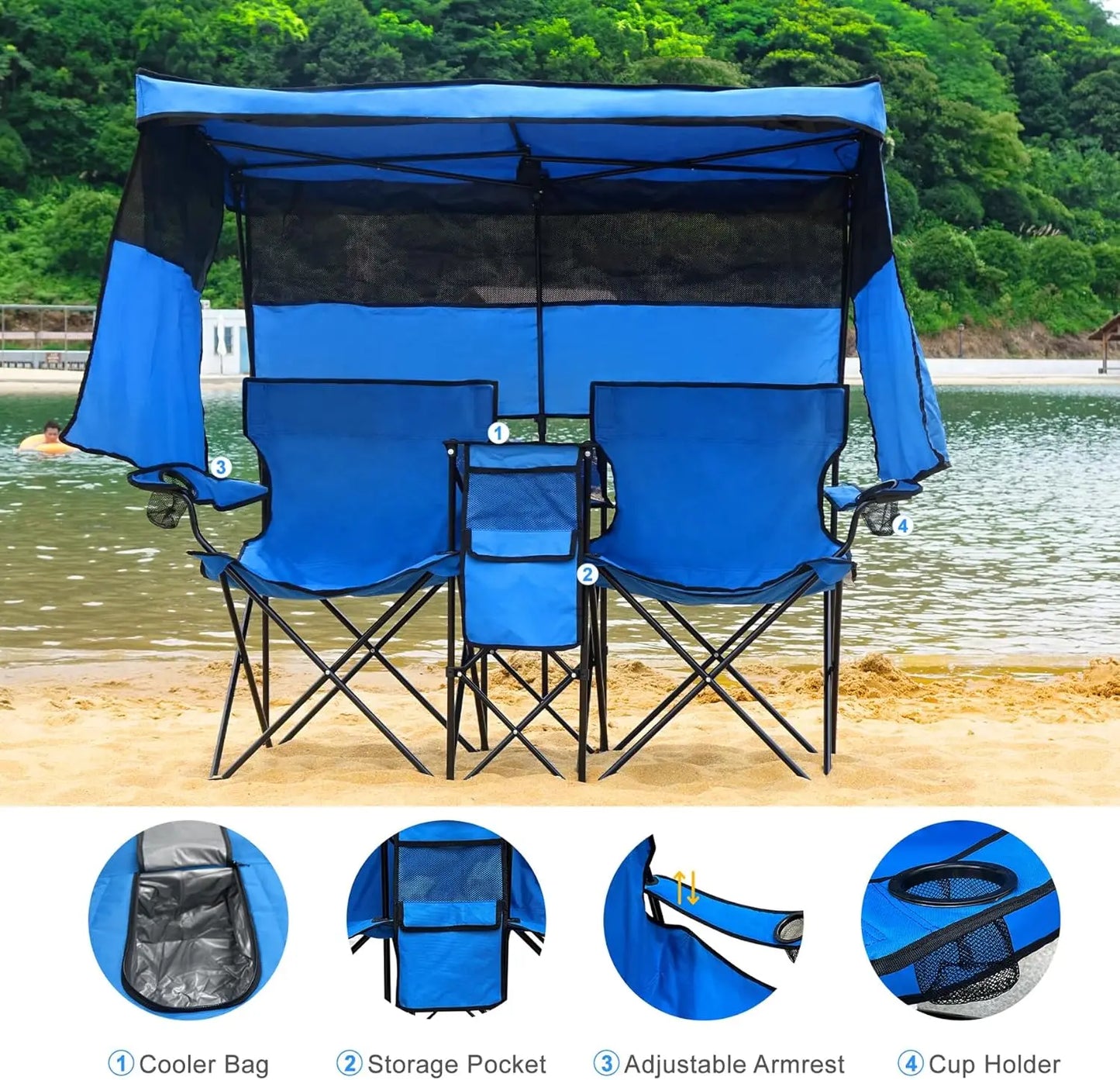 Double Beach Chair with Canopy Shade Heavy Duty Camping Chairs with Cup Holder Folding Loveseat for Outside Lawn
