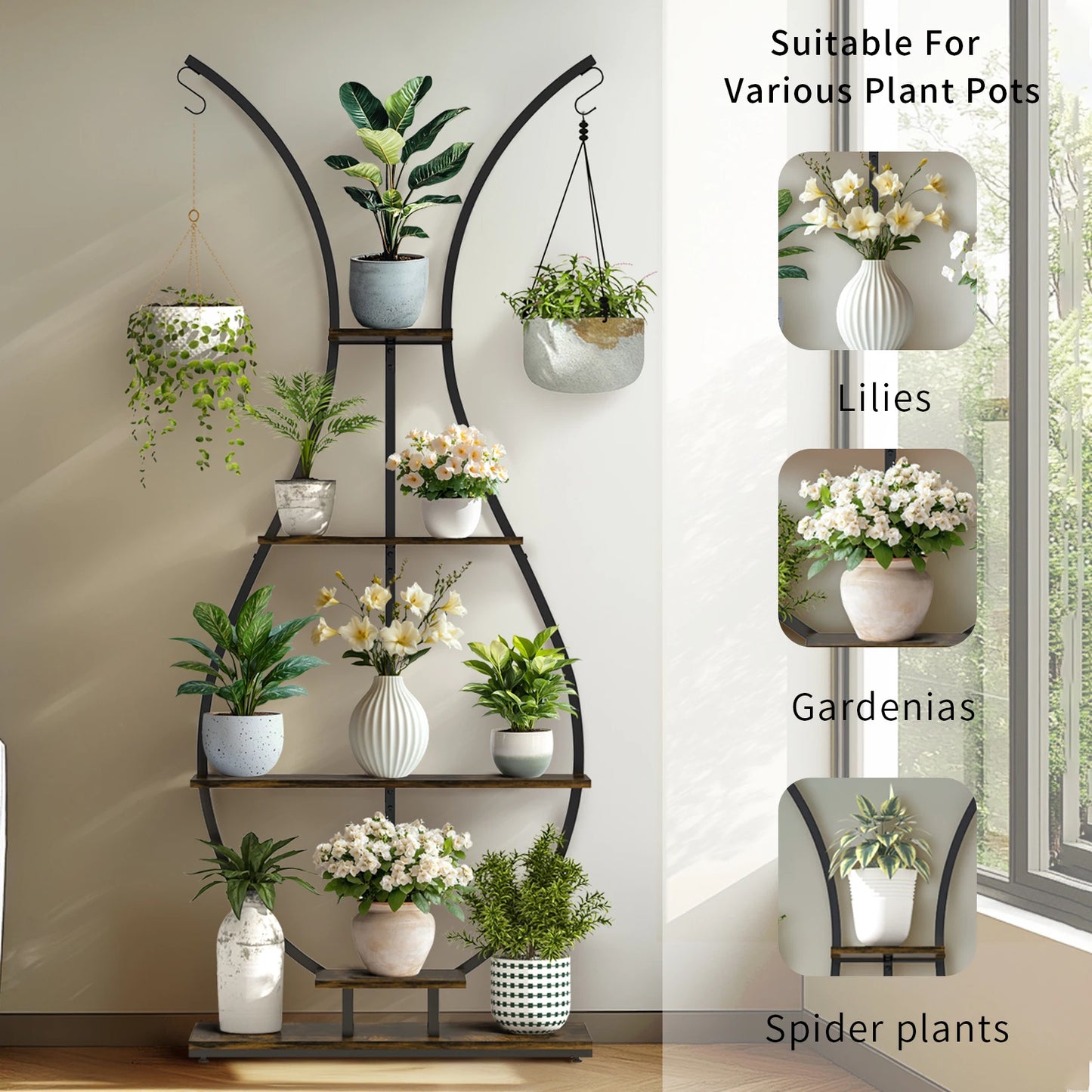 Vase Shape Tall Planter Display Rack Metal Garden Plant Stand with Five Tiers and Hangers
