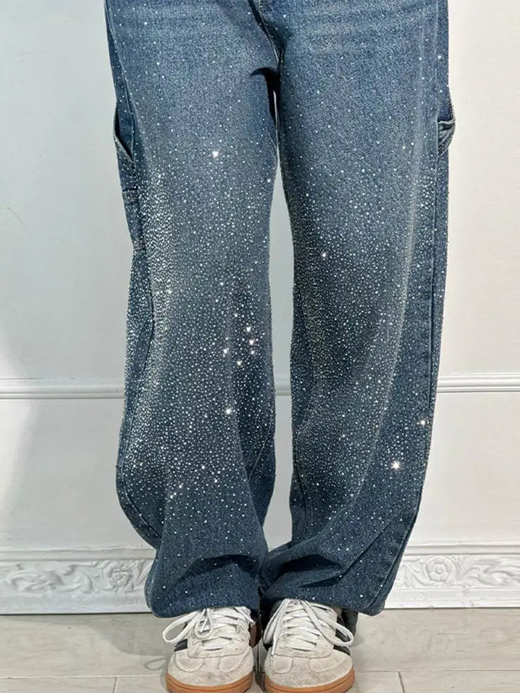 Shiny Rhinestone Baggy Women's Wide Leg Jeans Full Diamond Dragging Denim Pants Vintage Washed Casual Trousers