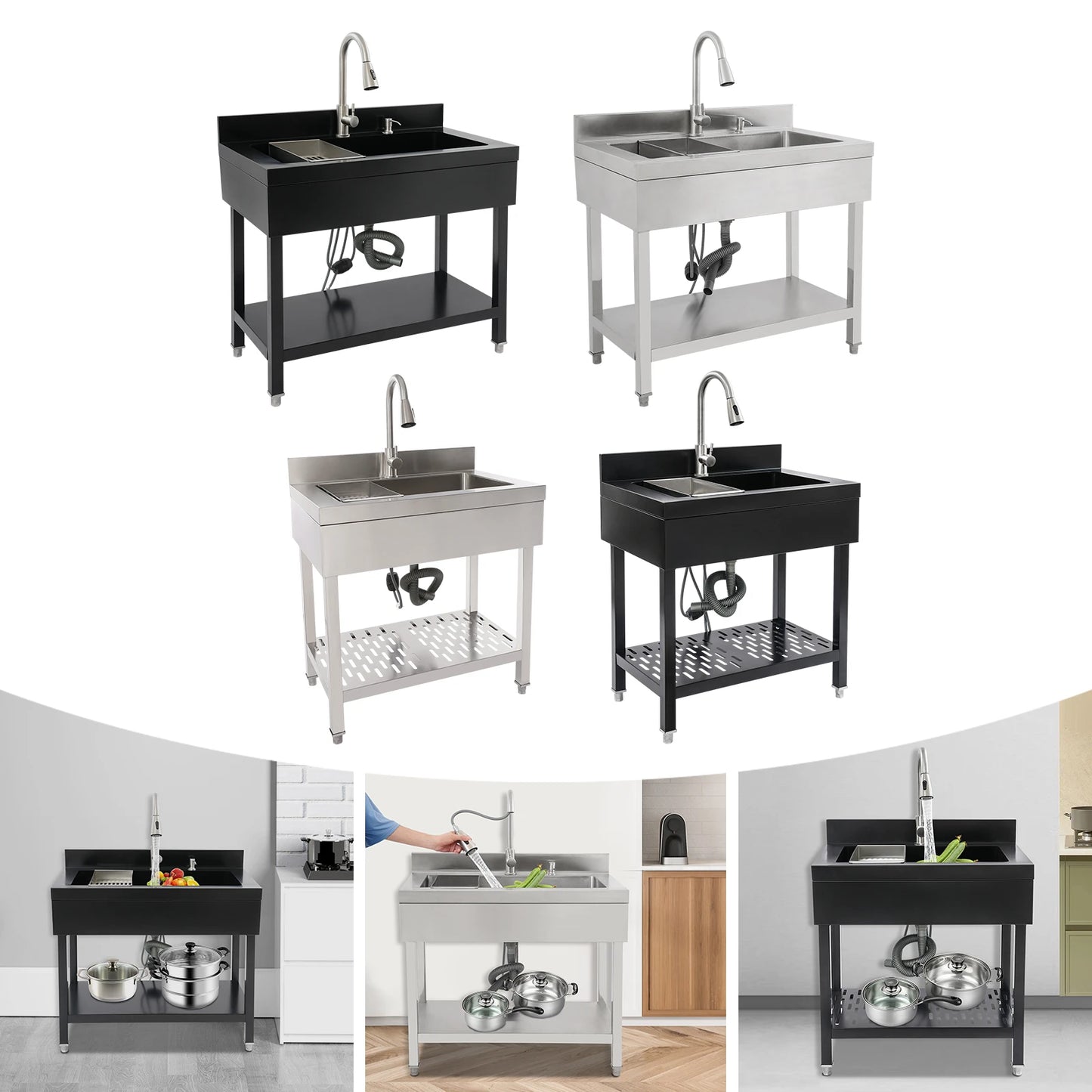 Freestanding 75*42cm/55*36cm Stainless Steel Utility Sink, Laundry&Utility Room Sinks, Rectangular Single Bowl Black/Silver