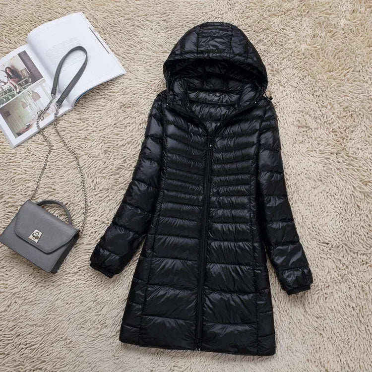 Plus Size White Duck Down Jacket Lightweight Down Coat for Women Hooded Long Winter Wear