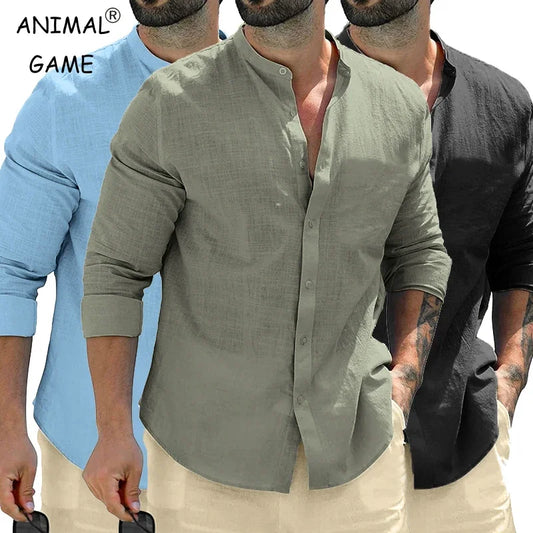 Autumn Men's Long Sleeve Cotton Business T Shirts Breathable Solid Color Streetwear Button Down Shirts White
