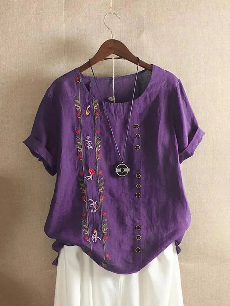 Retro Cotton Linen Short Sleeve Embroidered Flower Women's T Shirt Crew Neck Plus Size Shirt from Mainland China