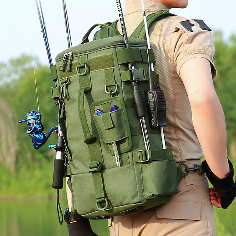 Tactical Fishing Backpack Tackle Bag with Rod Holders Multifunctional Storage for Camping Hiking and Outdoor Activities