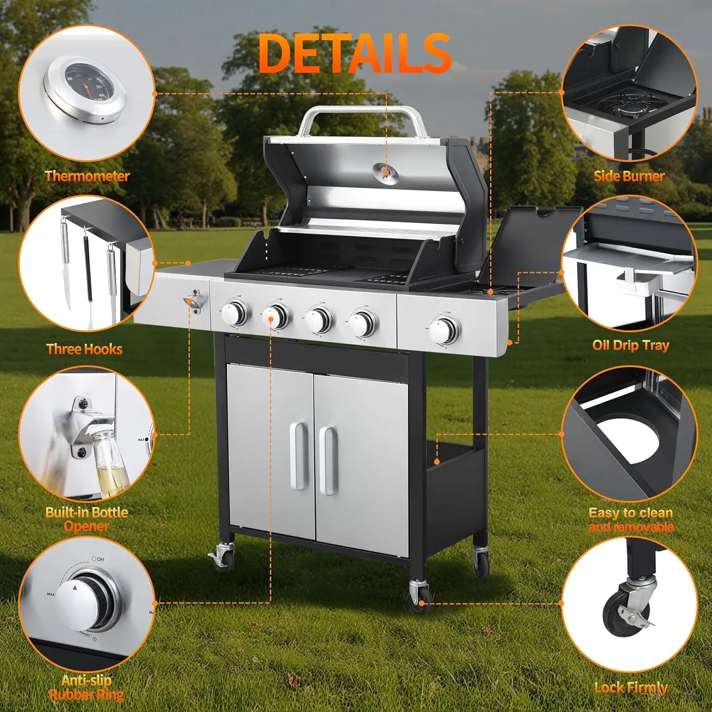 4-Burner Gas Grill, 46,790 BTU Outdoor BBQ Grill with Infrared Side Burner, Porcelain Cast Iron Grates & Stainless, Customized