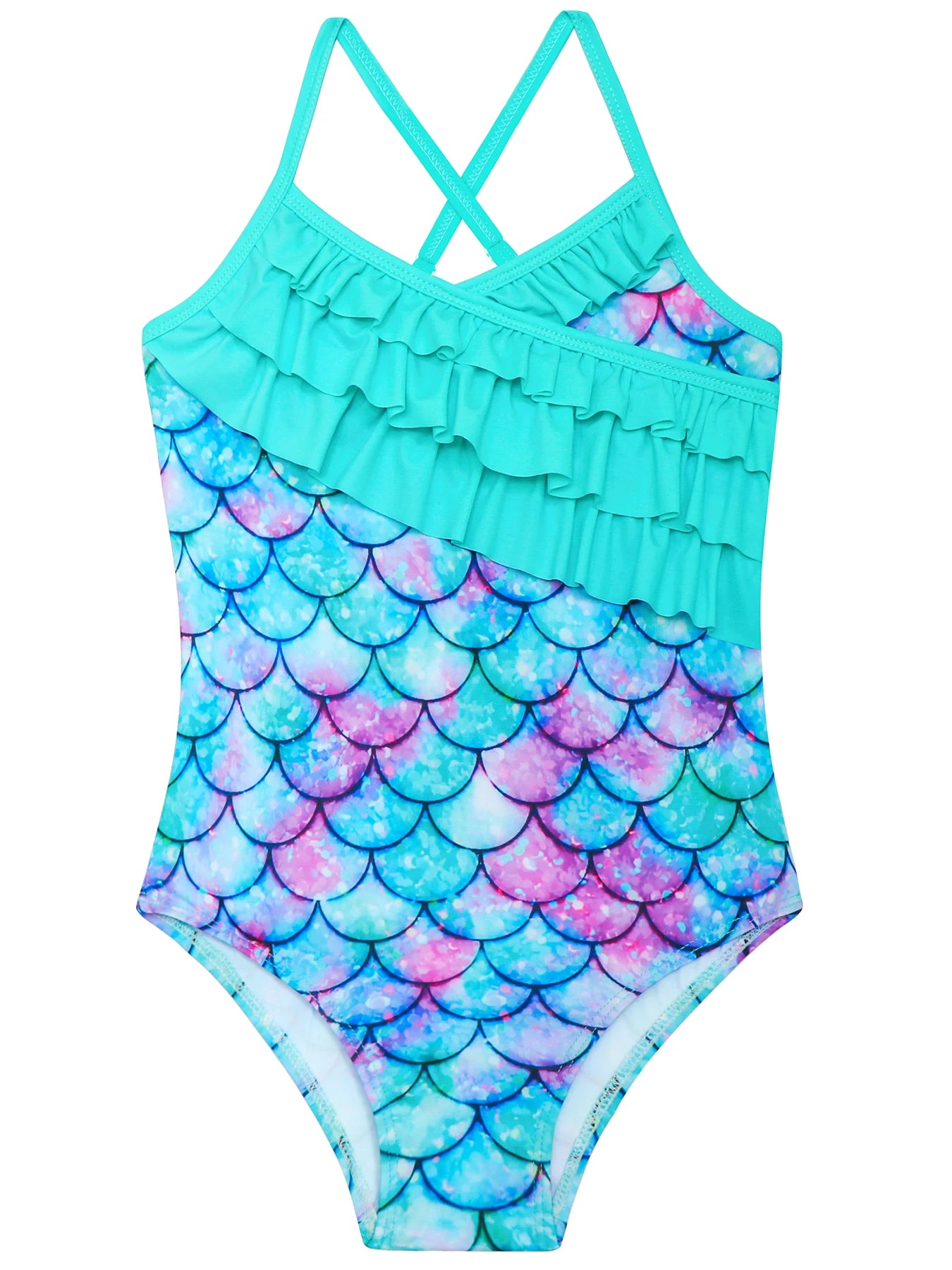Bikini Cut One Piece Swimsuit for Girls 3D Scale Mermaid Princess Tiered Flounces Panel Summer Cross Strap Backless Swimwear