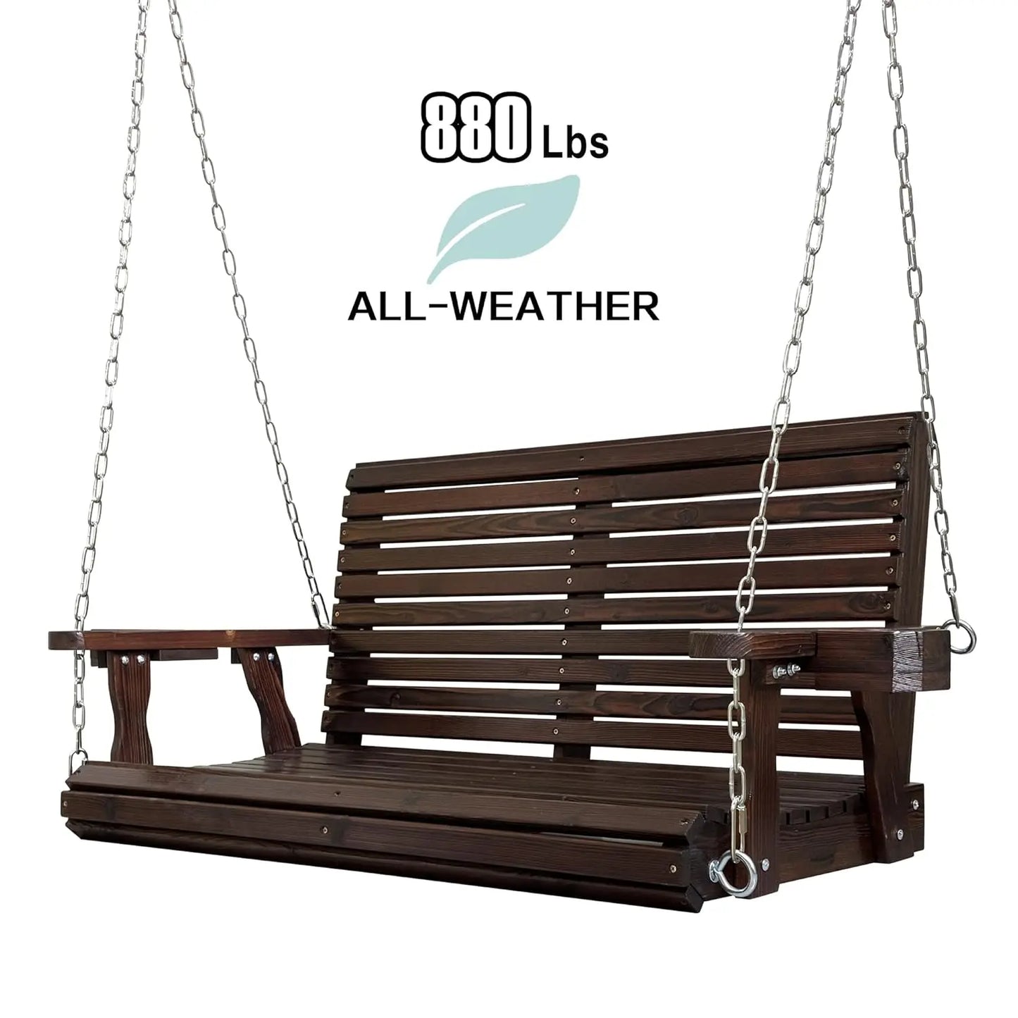Wooden Porch Swing 2-Seater, High Backrest and Deep Seat, Bench Swing with Cupholders, Hanging Chains and 7mm, Customized