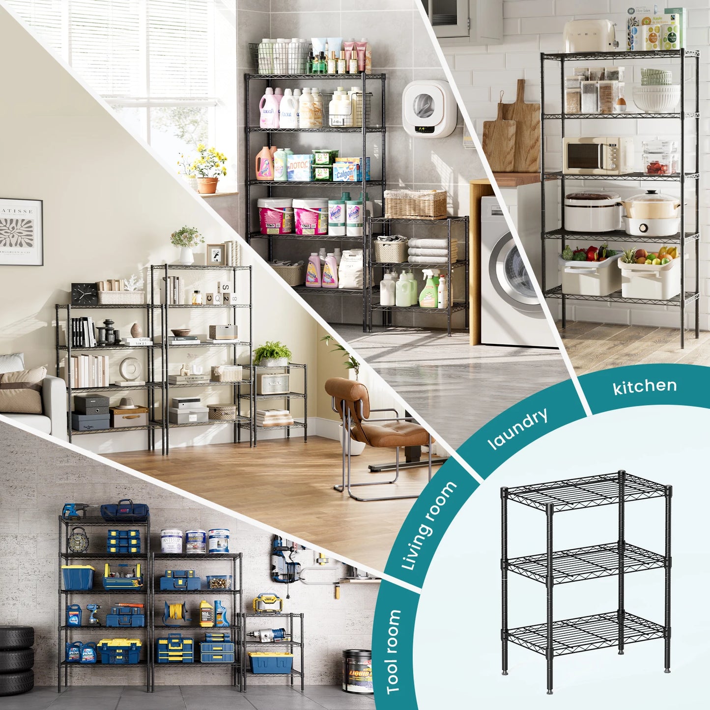 JHK Adjustable Three Five Tier Metal Wire Storage Bookshelf