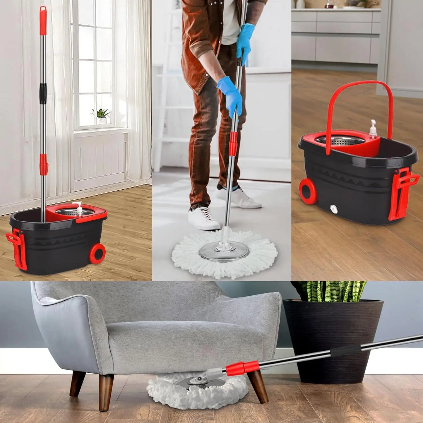 360 Degree Spin Mop Bucket Set With Wheels And 61 Inch Extendable Adjustable Handle Dry Wet Separation