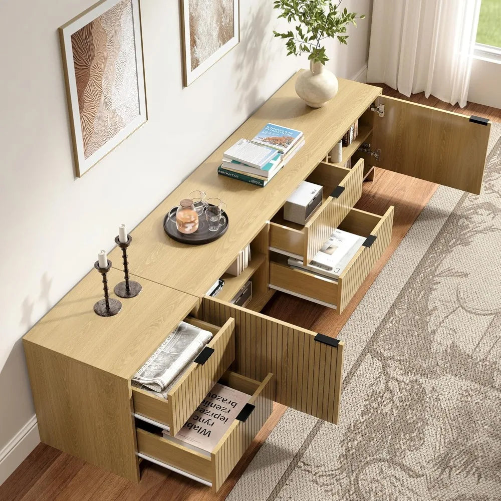 HUANZHUANG Fluted TV Stand With 4 Drawers And Shelves