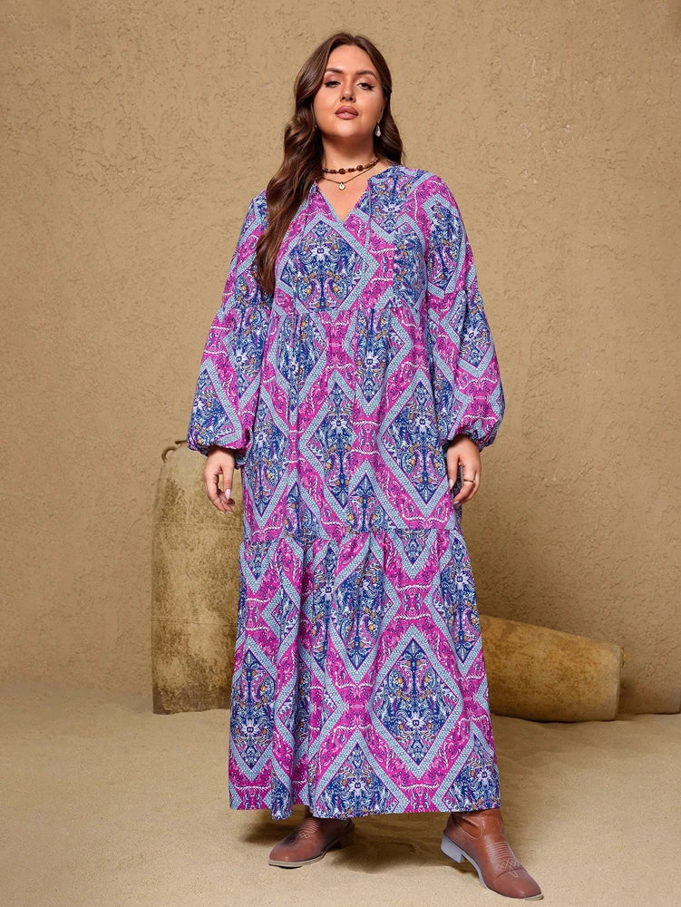 Plus Size 2025 New Women's V Neck Purple Casual Printed Dress Long Loose Fit Polyester Long Sleeve Pullover