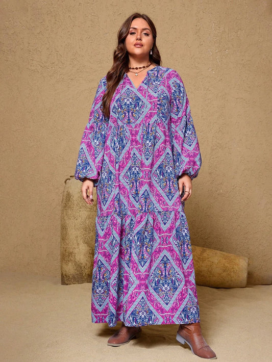 Plus Size 2025 New Women's V Neck Purple Casual Printed Dress Long Loose Fit Polyester Long Sleeve Pullover