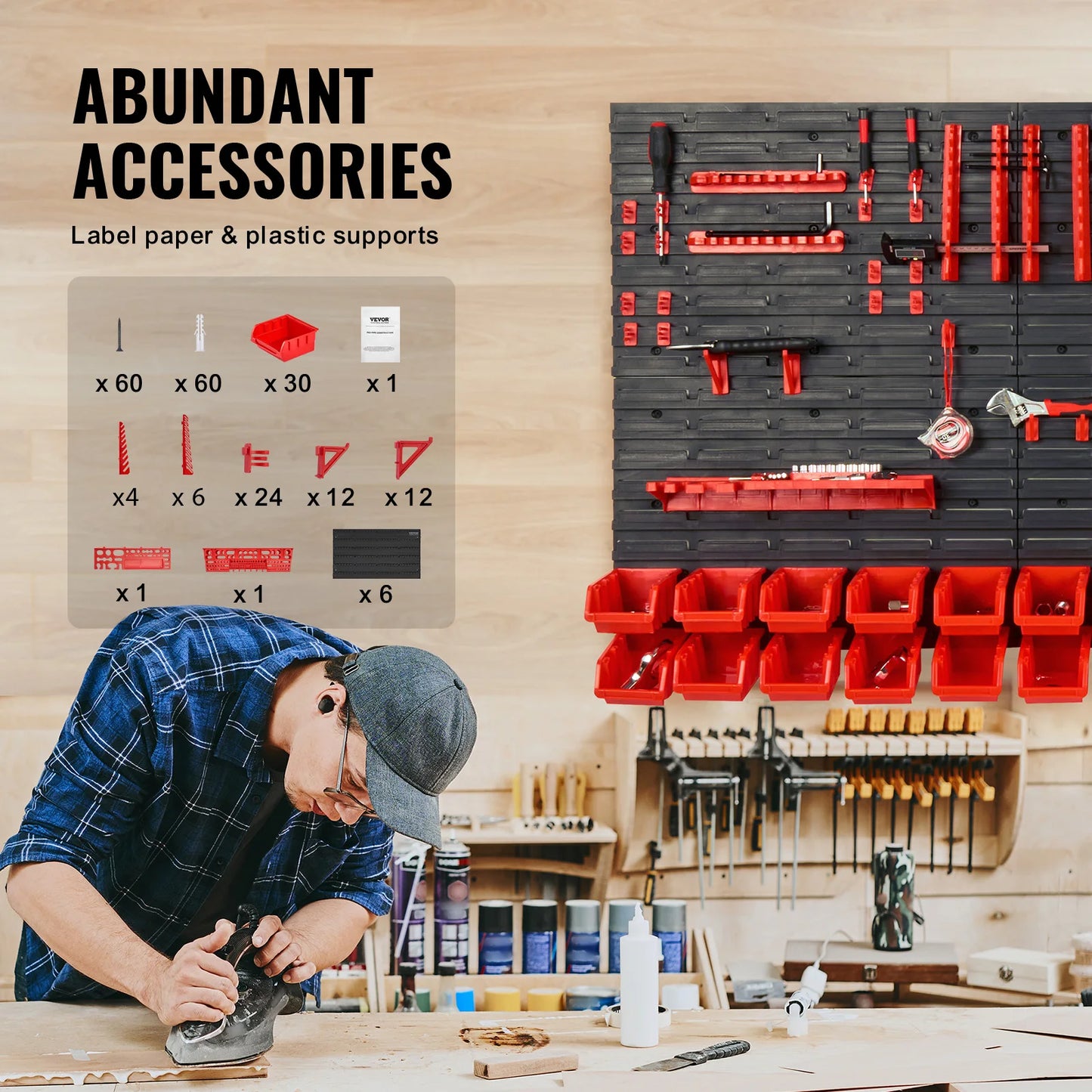 VEVOR Wall Mounted Storage Bins 30 48 Bin Parts Rack Organizer with Wall Panels Hooks Plastic Shop Tool for Screws Nails