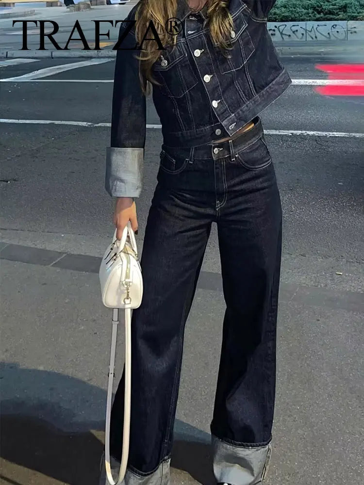 Trafa Women Vintage Denim Jacket Pant Set Single Breasted Lapel Long Sleeve Coat Wide Leg Trousers High Street Outfit