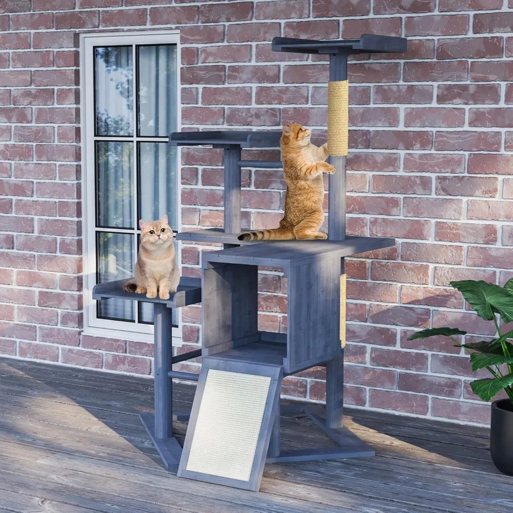 Durable Outdoor Cat Tree for Large Cats with Weather-Resistant Wood, Condo, and Scratching Posts
