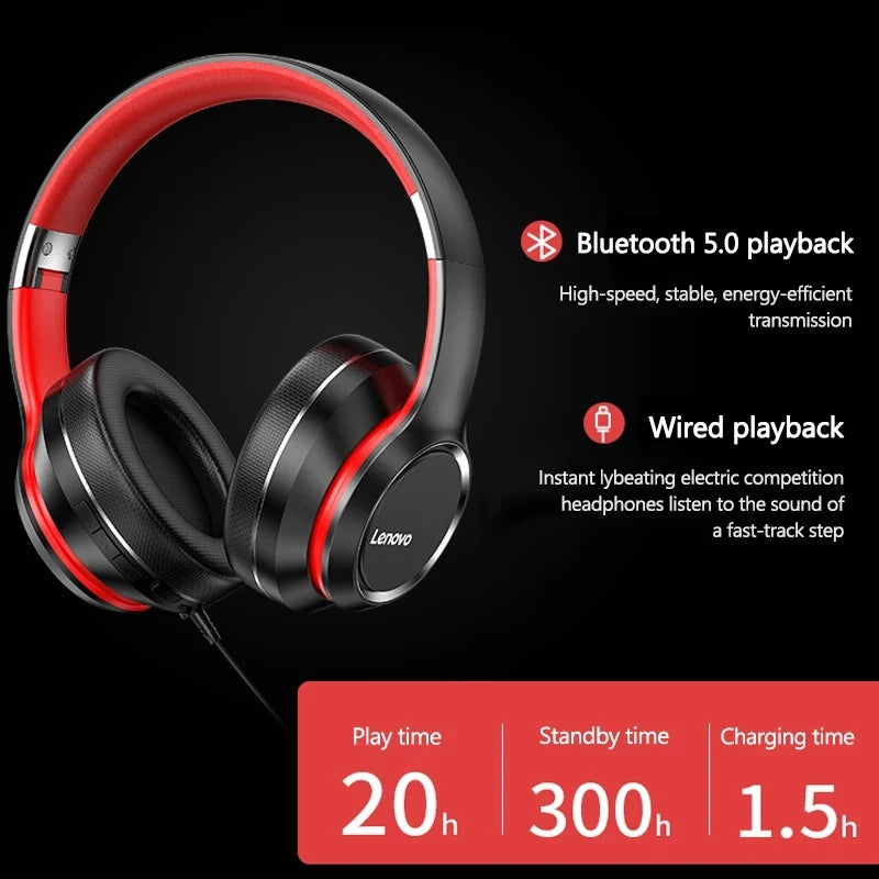 Lenovo HD200 Bluetooth Earphones Over Ear Foldable Wireless Headphones with Noise Cancellation HiFi Stereo Gaming Headset