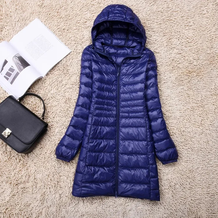 Plus Size White Duck Down Jacket Lightweight Down Coat for Women Hooded Long Winter Wear